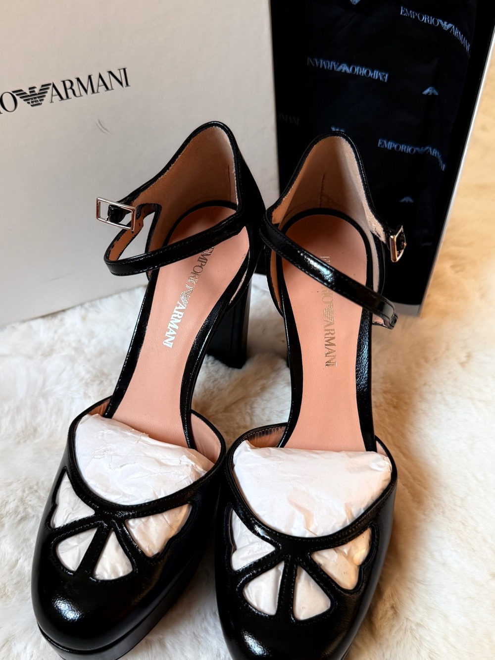 Emporio Armani Black Patent Leather Mary Jane Block Heel Sandals